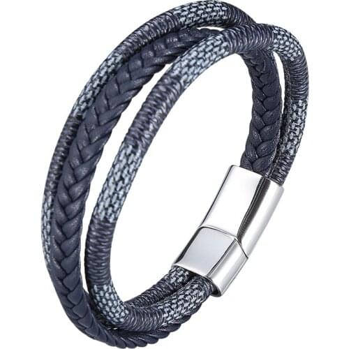 Vintage Mens Wrap Bracelet Multilayer Leather Braided Rope Bangles Stainless Steel Magnet Clasp Wrist Band Punk Jewelry PD1009