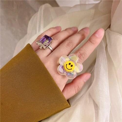 FFLACELL 2021 New Korean Colorful Shiny Flower Smiley Face Heart Pearl Acrylic Resin Rings for Women Girls Summer Jewelry Gifts