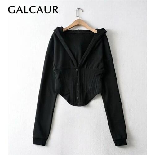 GALCAUR Pure Color Pullover Sweatshirt For Female V Neck Long Sleeve With Hat Patchwork Metal Buckle Womens Sweatshirt Tide