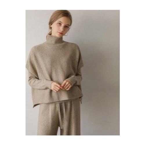 Sweater Suit Women Autumn and Winter New Knitted Wide-leg Trousers + Half-high Collar Top + Vest with Three-piece Casual Set