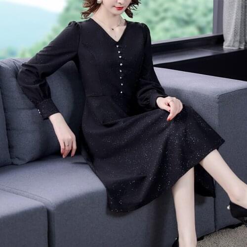 2021 Spring Vintage Black Beach Fashion Midi Sequins Dress Autumn Women Casual Long Sleeve Dress Elegant Bodycon Party Vestidos