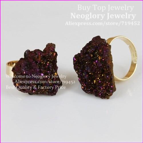 10pcs High Quality Dark Purple Titanium Quartz Druzy Ring metal Bezel Ring Crystal Quartz Finger Ring Gems Drusy Stone Ring