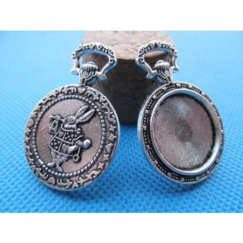 100pcs Antique Silver/Antique Bronze Vintage Rabbit Pocket Watch Base Setting Pendant Charm,20mm Cabochon/Cameo Tray Bezel