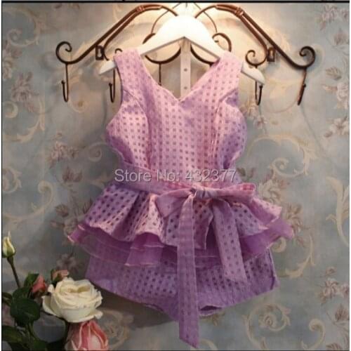 New 2015 Spring Baby Set girls clothes summer white/purple light plaid vests set suit 2~7 years old children clothing for girl