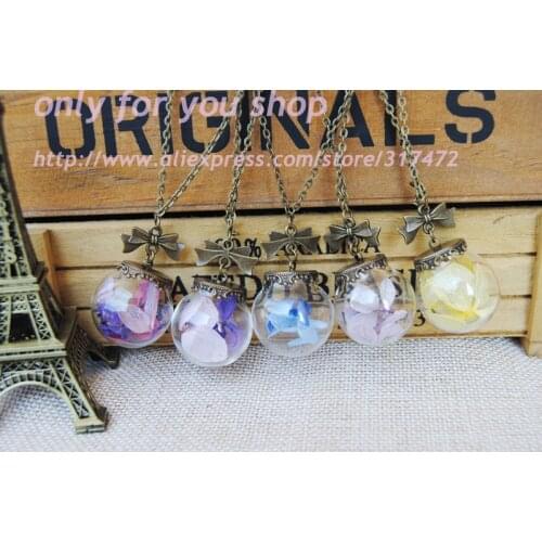 30spcs/lot Preserved Flower Glass orbs Pendant necklace dry flower glass vial pendant necklace antique bronze necklace