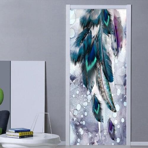3D Wall Door Sticker Modern Creative Watercolor Feather Door Decoration Living Room Bedroom PVC Self-Adhesive Waterproof Mural