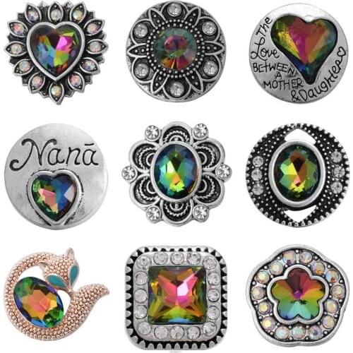 5pcs/lot New 18mm Snap Button Jewelry 18mm Colorful Crystal Rhinestone Flower Heart Snap Button Fit 18mm Leather Snap Bracelet