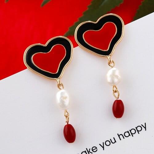 AENSOA Red Heart Dangle Earrings Unique Pearl Drop Earrings Women Romantic Heart Pendant Earring 2021 Trendy Wedding Jewelry