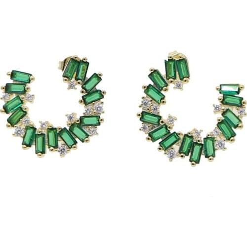 Baguette Green White cz Round circle earring geometric Gold color sparking cz Wedding engagement bridal trendy women jewelry