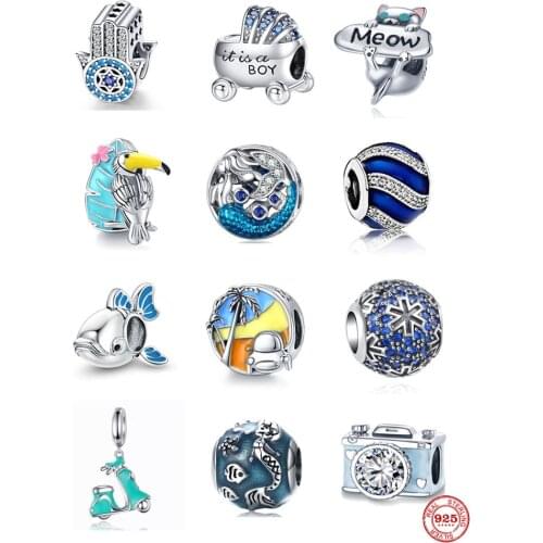 925 Sterling Silver Blue Blue Pave Boy Carriage Palm Camera DIY fine beads Fit Original Pandora Charm Bracelet Jewelry Women