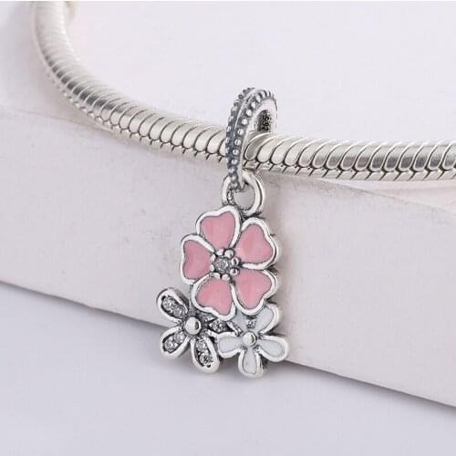 925 Sterling Silver Enamel Flower Pink Cherry Pendant Beads Charm Bracelet CZ Bead Fit Original Bracelet DIY Jewelry For Pandora