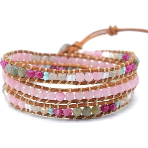 Rose Quartz Wrap Bracelet Natural Labradorite Stone 3 Wrap Women Bohemia Bracelet Dropshipping