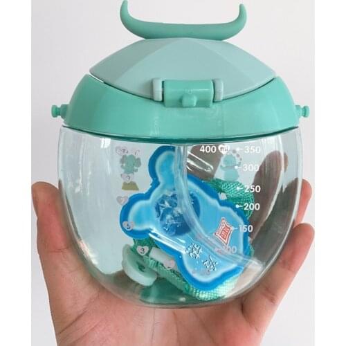 Mini Cute Round Childrens Donut Plastic Water Bottle Rope Primary School Cup Kindergarten Straw Cup 400ml