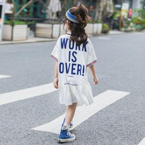 Childrens 2021 New Summer Korean Girl Western Style Dress Big Childrens Short-sleeved Casual Letter Printed Skirt