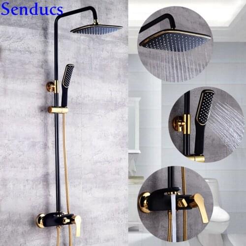 Senducs Black Gold Shower Set With Quality Brass Bathroom Shower Mixer Tap Thermostatic Shower System White Gold Shower Set