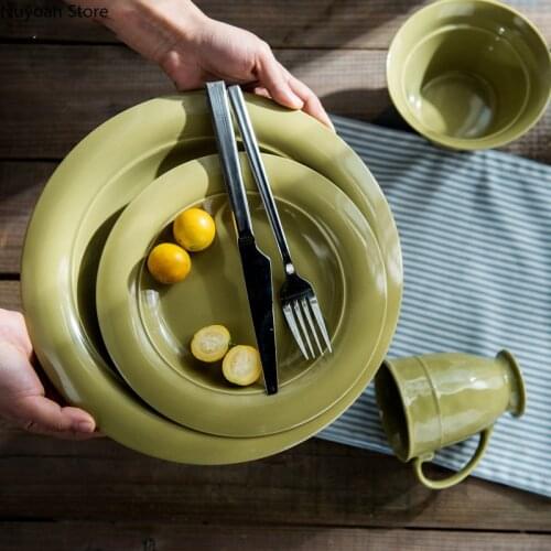 8-inch Plate Ceramic Tableware Green Color Dishes Cups Steak Dinner Plates Mugs Living Room Table Decoration Accessories