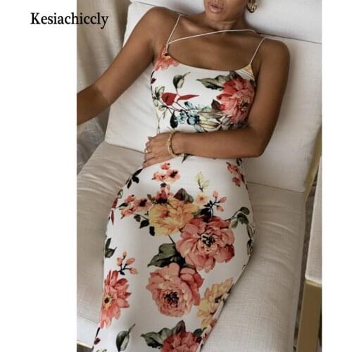 Kesiachiccly Floral Print Sleeveless Midi Dress Party Club Sexy Dress Spaghetti Strap Backless Elegant Slim Dress Women Vestidos