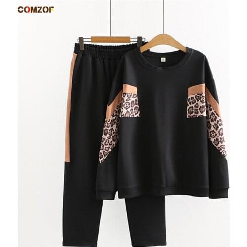 Patchwork Leopard 2 Piece Set Women Loose Hoodies Pants Autumn Plus Size Sweatpants Tracksuits Clothes Ensemble Femme 4XL