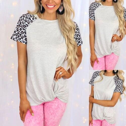 Summer T Shirt Women 2021 New Leopard Print Stripe Splicing Round Collar Short Sleeve T-shirt Leisure Female Tee Tshirts CKX9652