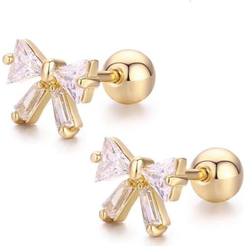 Cute Mini Bowknote Set CZ Stones Screw Back Stud Earrings For Women Baby Kids Girls Rose Gold Color Piercing Jewelry Oorbellen