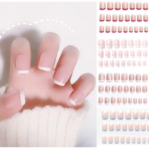 24pcs Short Round Fake Nail Press On Nails Tips French White Gradient Acrylic Nail New Classical Full Cover Nail Decor