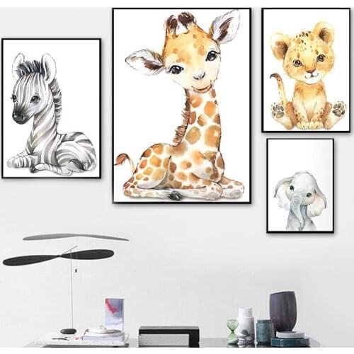 Zebra Elephant Giraffe and Tiger Wall Art Canvas Painting Nordic Posters and Printing Children Wall Pictures for Baby Kids Room