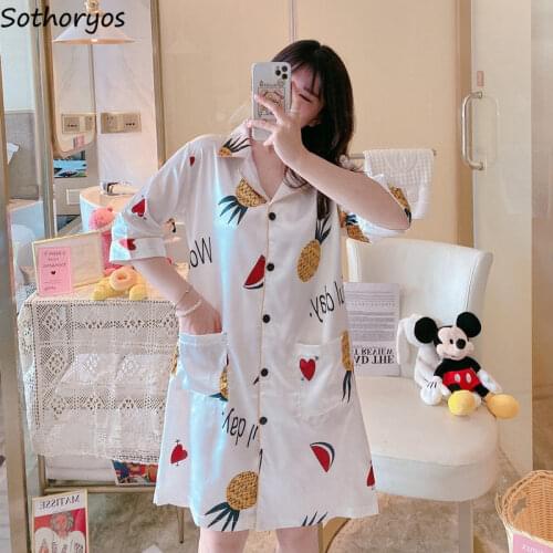 Nightgowns Women Cartoon Printed Pockets Large Size 2XL Single Breasted Korean Style Half Sleeves Lovely Nightwear Homewear Soft