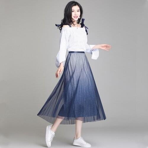 Fashion New Summer Ladies Elastic High Waist A-Line Gradient Shiny Silk Mesh Pleated Skirt Free Size Elegant Women Party Skirts