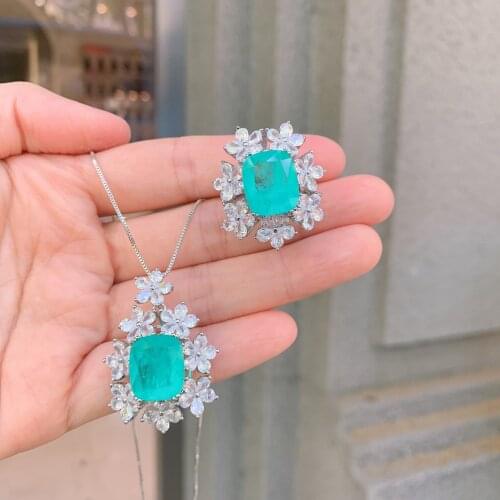 QTT New Arrival 925 Silver Jewelry Set For Women Square 10*14mm Paraiba Tourmaline Gemstone Pendant Necklace Wedding Ring Set