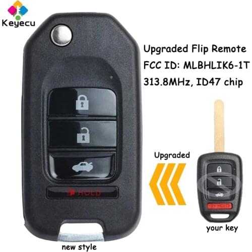 KEYECU Upgraded Flip Remote Car Key - 3 1/ 4 Buttons 313.8MHz ID47 Chip - FOB for Honda CRV HRV Civic Accord FCC ID: MLBHLIK6-1T