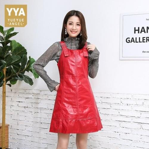 Casual Spaghetti Strap Women Genuine Leather Dress Brand Luxury Sheepskin Sleeveless Black Red Slim Sexy A-Line Leather Dress