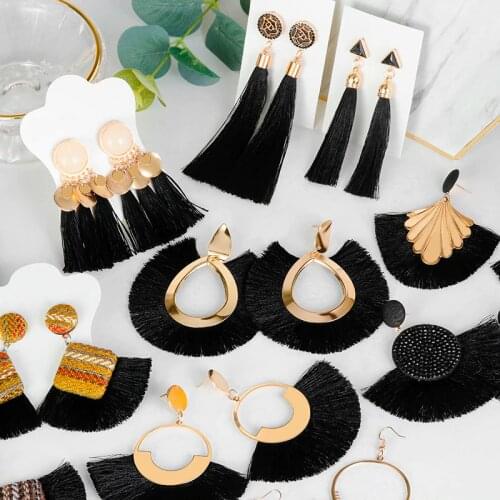 LOVR Fashion Bohemian Tassel Earrings for Women 2020 Cotton Silk Fabric Long Fringe Black Drop Dangle Earrings Female Jewelry