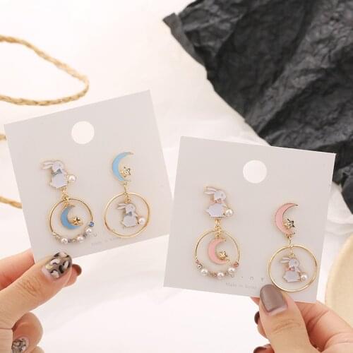 Cute Cartoon Rabbit Moon Round Circle Pendant Earrings For Women Charm Blue Pink Simple Metal Style Hot Sale Ear Jewelry