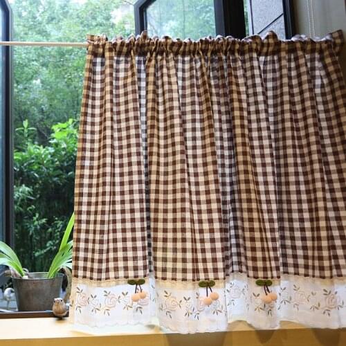 Curtains Cotton Linen Cherry Lattice Printing Coffee Shop Office Cabinet Small Short Bedroom Curtain Home Decoration Tulle