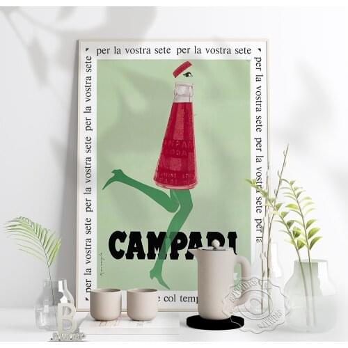 Vintage European Advertising Poster, Campari Soda Corre Col Tempo! Publicity Prints Poster, Light Green Background Home Decor