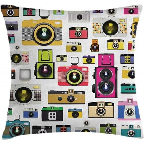 Vintage Old Fashioned Photo Cameras Throw Pillow Case Cushion Cover Funny Artful Hobby Studio Decorative Square Soft Printed
