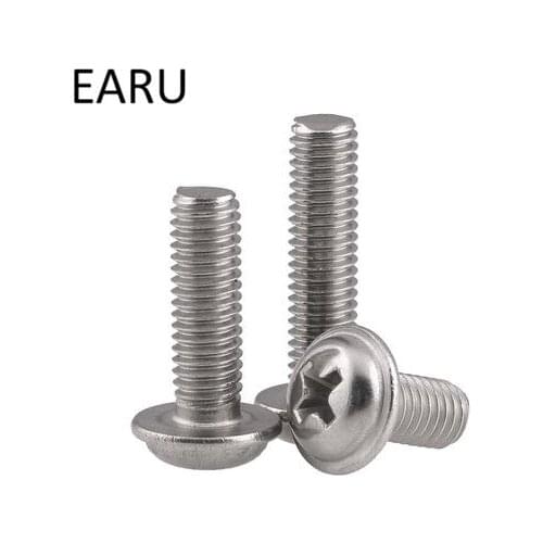 304 Stainless Steel Round Pan Phillips Cross Head Screws Bolt With Washer Pad Computer Machine Screws M2.5*4/5/6/8/10/12/16/20mm
