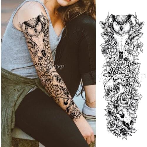 Waterproof Temporary Tattoo Sticker Owl Bird Skull Animal Flower Black Full Arm Fake Tatto Flash Sleeve Tatoo for Men Women