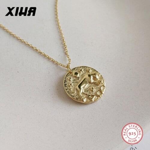 XIHA Taurus 12 Constellation 925 Sterling Silver Zodiac Necklace Pendant for Women Cow Gold Color Long Coin Necklace for Girl