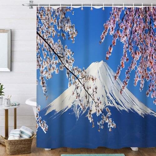 Japanese Scenery Theme Shower Curtains Tower Japan Mount Fuji Landscape Cherry Blossom Flower Bathroom Curtain Set Decor Cloth