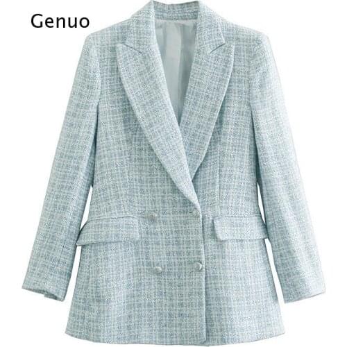 Stylish Chic Blue Tweed Jacket Women Fashion Turn-Down Collar Double Breasted Pockets Coat Female Casual Outerwear