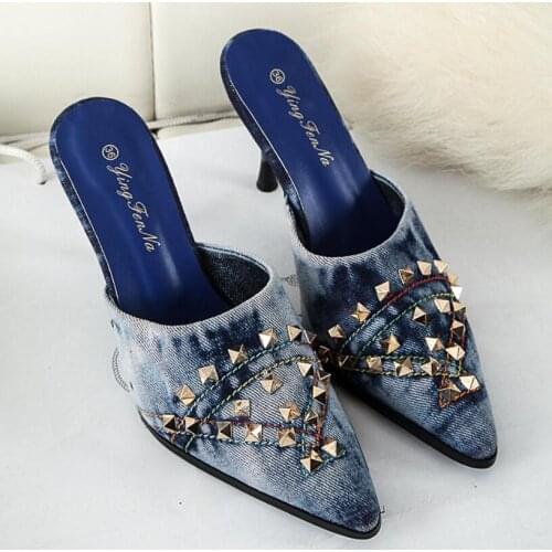 Denim New Arrival Women Vintage Fashion Thin High Heels Jean Slippers Summer Woman Rivets Pointed Toe Mules Sandals SXQ0604