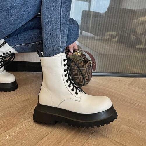 MORDOAN Genuine Leather 2021 Autumn Womens Boots Round Toe Platform Shoes Mid-Heel Boots Womens