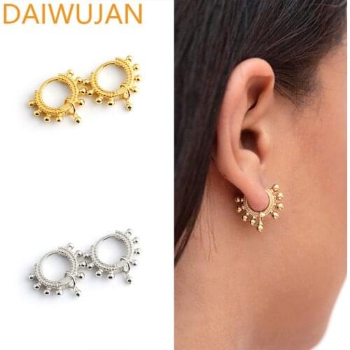 Personality Real 925 Sterling Silver Round Beads Hoop Earrings Rock Gold Ear Bone Piercing Jewelry for Women Cartilage Earrings