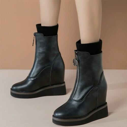 High Top Creepers Women Genuine Leather Sneakers Wedges High Heel Ankle Boots Female Round Toe Platform Pumps Shoes Casual Shoes