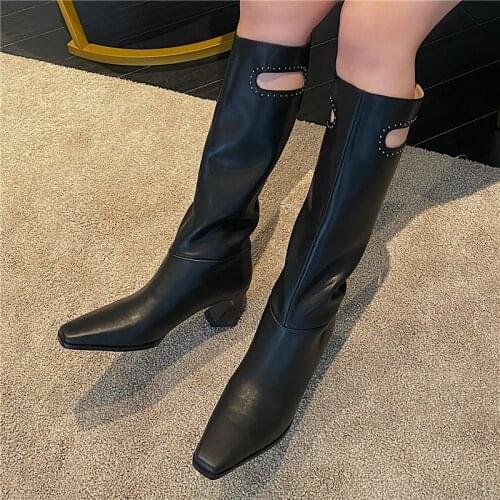 Ladies Winter Mid-calf Square Toe Rivets Genuine Leather Handmade Boots Mixed Color Heel Slip On Feminine Shoes Western Boots