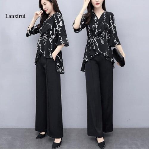 Autumn Two Piece Sets Outfits Women Plus Size V-neck Tunics Tops And Pants Suits Elegant Korean Office Lady Womens Clothes