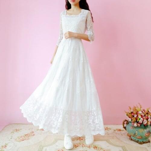 Women Lace Dress 2020 New Spring Summer V-neck 3/4 Sleeve Elegant White Beach Dress High Quality Party Dresses Vestidos