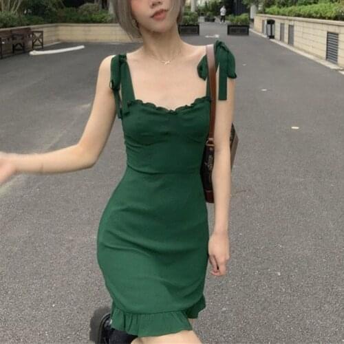 2021Korean Sweet Sexy Party Elegant Mini Dresse Women Green Beach Strap Dress Boho Summer Ruffle Slim Designer Casual Clothing
