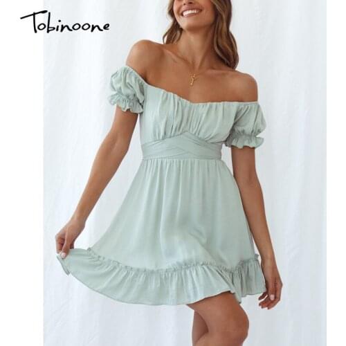 Tobinne Slash Neck Elegant 2021 Summer Dress Women Bow Backless Short Puff Sleeve Sexy Dresses Female Ruffles Sashes Mini Dress
